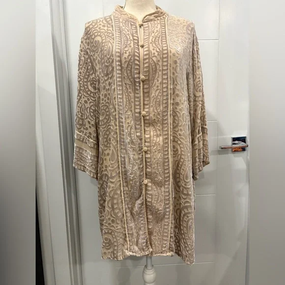 VTG BOB MACKIE WEARABLE ART LARGE BEIGE SILVER PAISLEY BURNOUT VELOUR TUNIC RARE - Picture 13 of 14